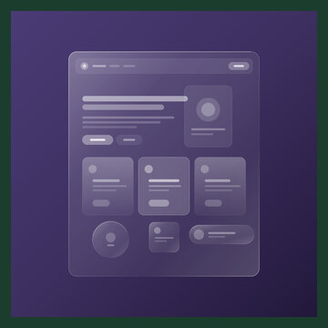 Dark purple digital website wireframe template featuring frosted glassmorphic UI components