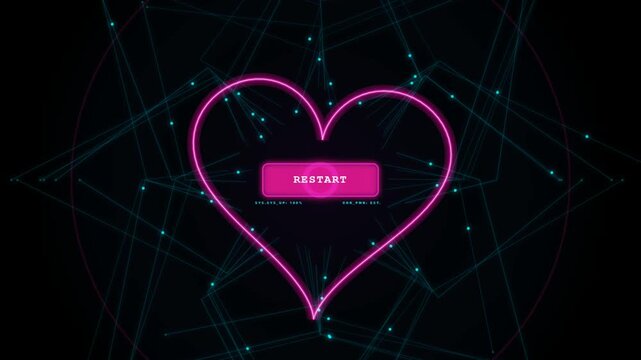 Neon pink heart shape with a digital restart button on a dark technology background with glowing lines and geometric dots representing a futuristic virtual interface design 4k Motion Video