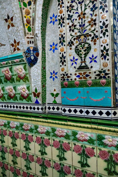 Detail of colorful Victorian mosaic tilework with floral and vase motifs at Tara Masjid, Dhaka Division, Dhaka, Bangladesh