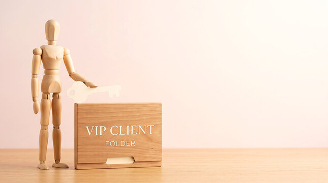 VIP client relationship management and key account security concept with wooden mannequin holding key over VIP client folder and copy space for corporate service website banner