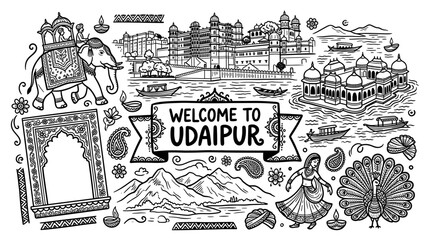 Fototapeta premium Udaipur India Travel Doodle Illustration