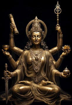Golden statue of a multi armed deity holding symbolic objects in meditation pose