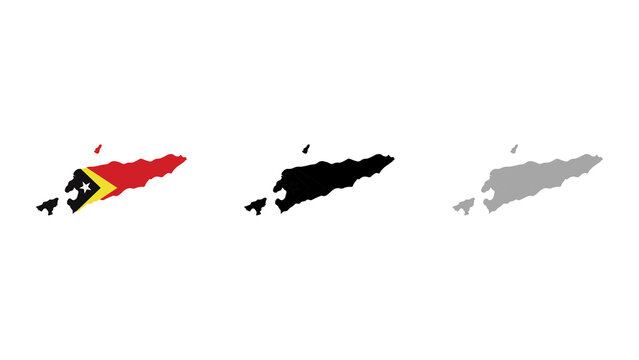 Map of East Timor set featuring the national flag and black and grey silhouettes on a white background for geography and design projects