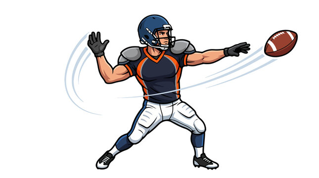 American football quarterback throwing a pass in motion with helmet and uniform on white background
