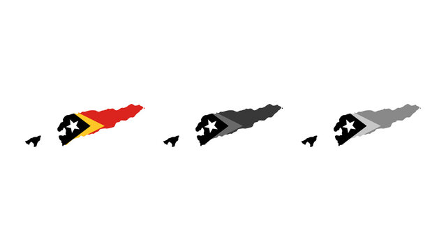 East Timor map silhouette with national flag colors, black, and grey variations on white background