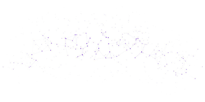 Minimal technology plexus banner background design template. Violet and blue nodes joined by fine connecting lines. Scalable vector graphic for corporate slides, brochures, apps and branding.