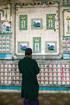Man viewing antique wall tiles depicting Mount Fuji landscapes inside Tara Masjid, Dhaka Division, Dhaka, Bangladesh