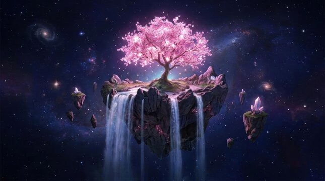 Floating island with pink tree and waterfall in space.