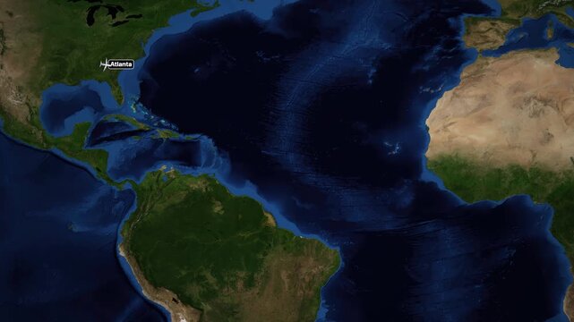 Animated Flight Map Route from Atlanta to Casablanca Over Atlantic Ocean