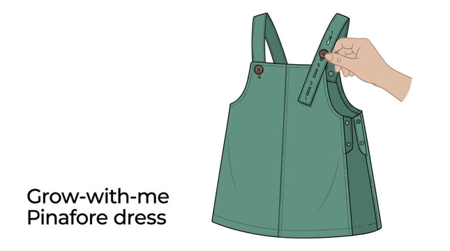 Educational illustration of an adjustable green children's pinafore dress featuring grow-with-me straps and numbered buttonholes for sizing