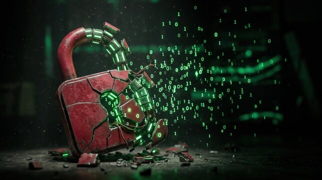 Shattered padlock releasing streams of green binary code