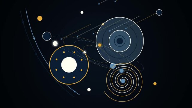 Abstract space background with glowing circles and geometric orbits showing a futuristic galaxy theme with stars and planets in a dark cosmic sky 4k Motion Video