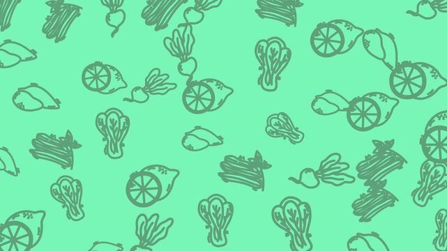 Green vegetable and lemon fruit pattern illustration for backgrounds, menus, printables, packaging, and kitchen decor in graphic design projects.