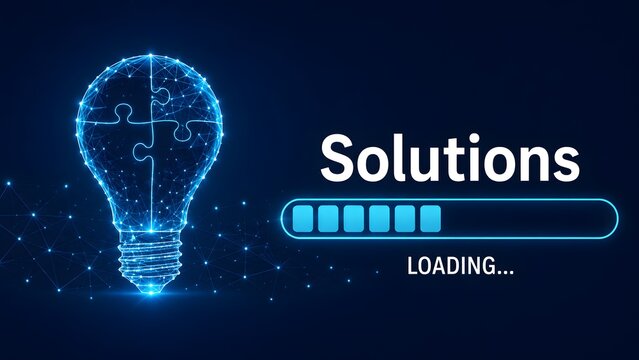 Glowing digital lightbulb puzzle with solutions loading bar representing artificial intelligence and innovative technology ideas.