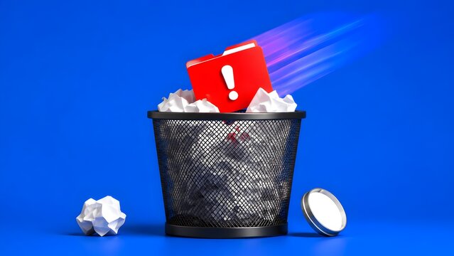Red alert folder flying into trash can showing data deletion error or discarding important warning files concept.
