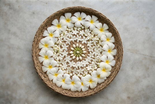White flowers arranged on a woven tray for Poya day offering