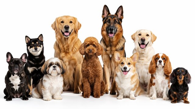Group of ten dogs of different breeds and sizes together on a white background including a French bulldog and a Shiba Inu and a golden retriever and a German shepherd and a poodle
