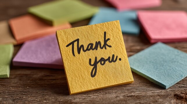 A yellow sticky note with handwritten text 'Thank you' stands on a wooden surface with a background of colorful blurred notes.
