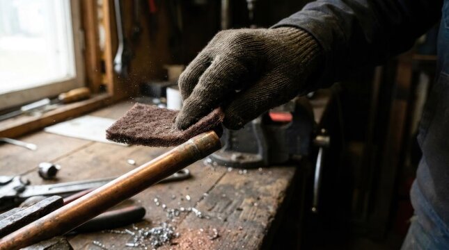 Gloved hand sanding a metal pipe in a workshop.