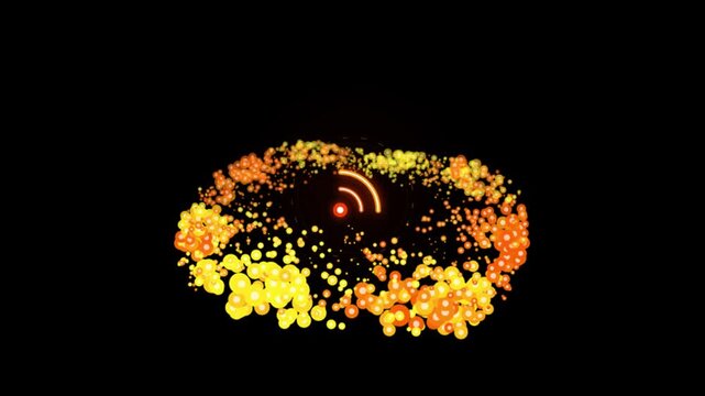 Glowing orange rss logo rotates amidst cosmic ring of swirling particles on black.