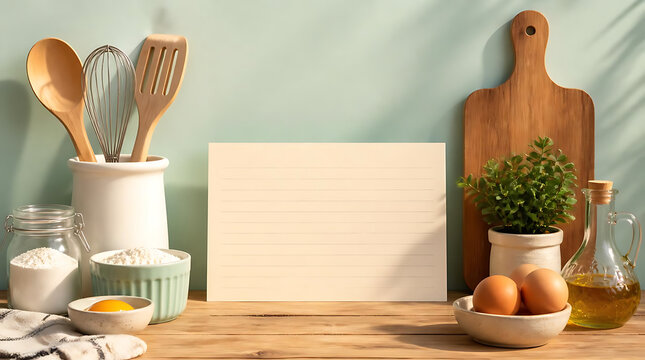 Blank beige rectangular presentation board mockup on clean kitchen counter for culinary branding and recipe card design