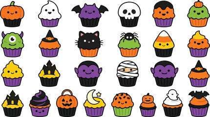 Obraz premium Halloween Spooky Kawaii Halloween Cupcake Collection, Cute Baking Treats Set, Funny Monster Iced Desserts, Spooktacular Pastries Vector Illustrations