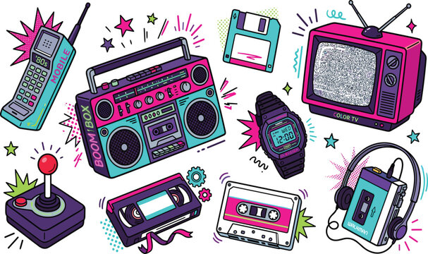 Retro Nineties and Eighties Pop Culture Technology Doodles Vector Elements with Boombox Walkman Retro TV Joystick and Cassette Tape Graphics