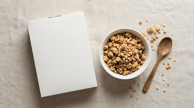 Healthy oat granola breakfast in a white bowl with a wooden spoon and a blank paper mockup sheet. blank cereal box