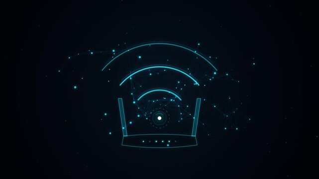 Abstract wifi signal icon animation with digital plexus network on black background.