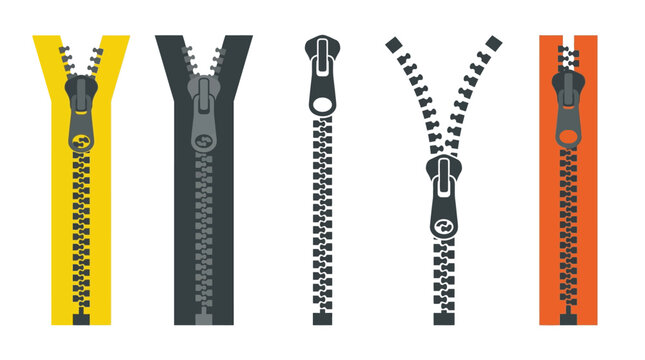 Multiple colorful zipper vector illustrations featuring detailed metal fasteners and various fabric tape colors for design