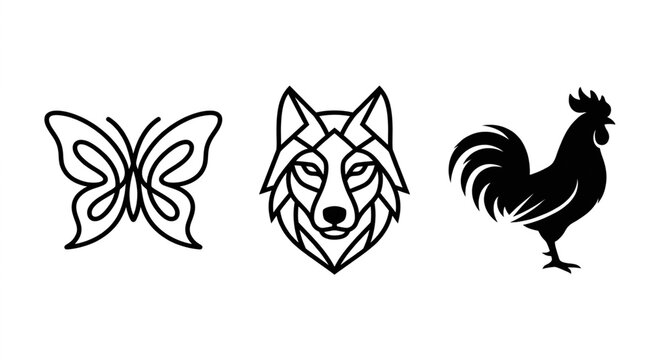 Butterfly outline wolf head and rooster silhouette animal logo vector set