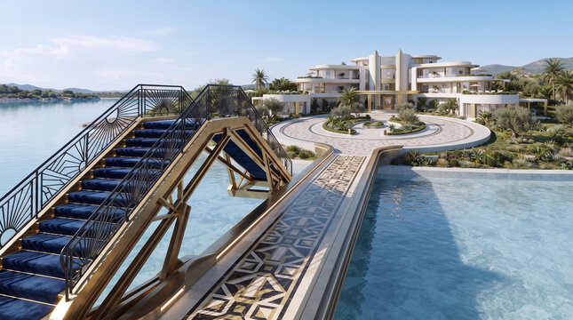  an AI-generated or conceptual ultra-luxury waterfront estate featuring a grand modern mansion, a decorative causeway, and an elaborate golden staircase over water. [1] (https