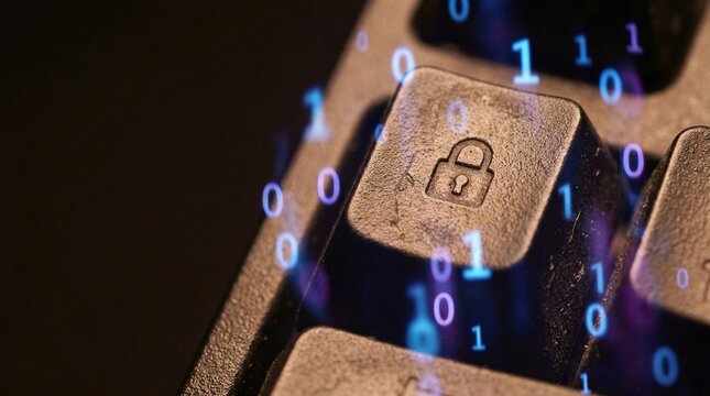 Macro of keyboard key engraved with padlock and binary code