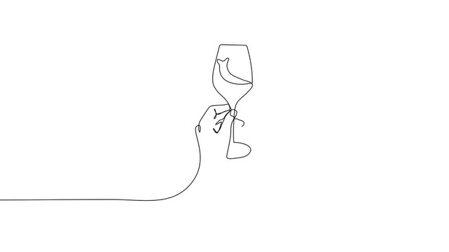 Animated one-line drawing video of a hand holding a glass of wine