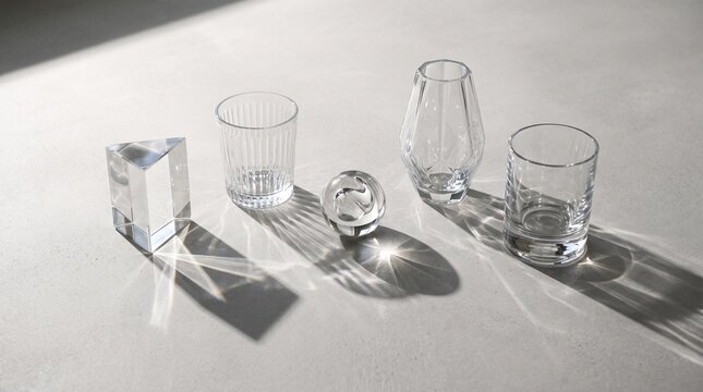 Glass effect on geometric crystal objects casting sharp shadows and caustic light refractions on white background