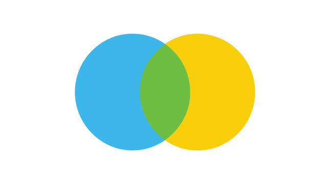 Bright blue and yellow intersecting circles create a vibrant green central section in this vector illustration
