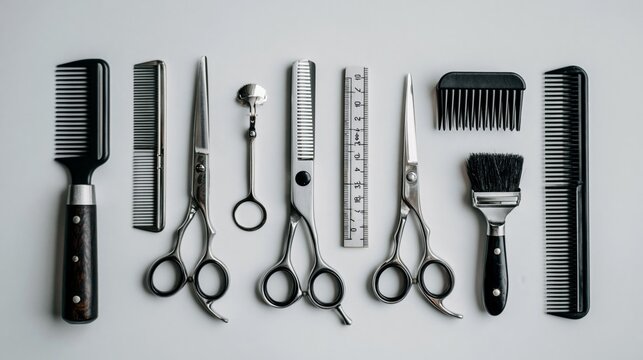 A flat lay of barber tools including scissors, combs, a ruler, and a brush on a white background.
