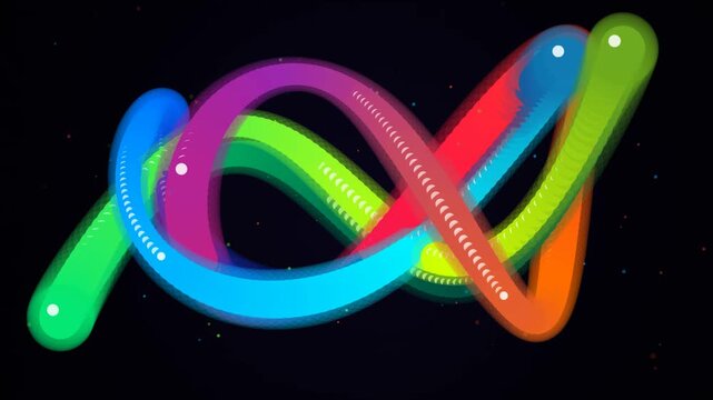 Abstract colorful wavy lines forming a flowing infinity loop shape on a dark black background with glowing light particles and vibrant neon colors for modern digital design 4k Motion Video