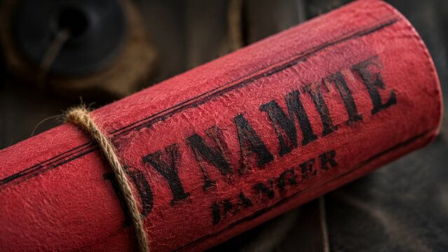 Macro shot of a red dynamite stick showing the textured paper wrapping with stamped lettering and a rough twine fuse tied around it against a dark rustic background