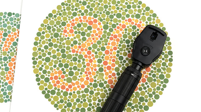 Ophthalmoscope on Ishihara color blindness test plate showing number thirty for medical vision health