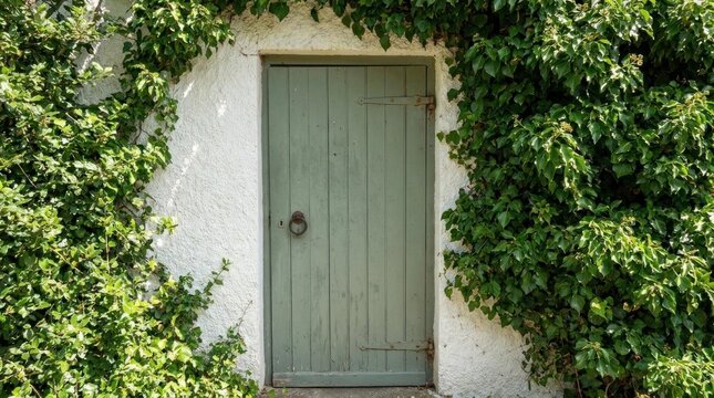 Green wooden door surrounded by lush ivy wall