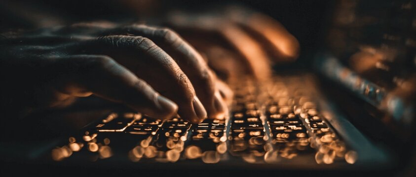 Close up of hands typing on a backlit keyboard with a dark background.