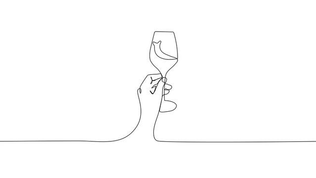 One-line drawing art of a hand holding a glass of wine