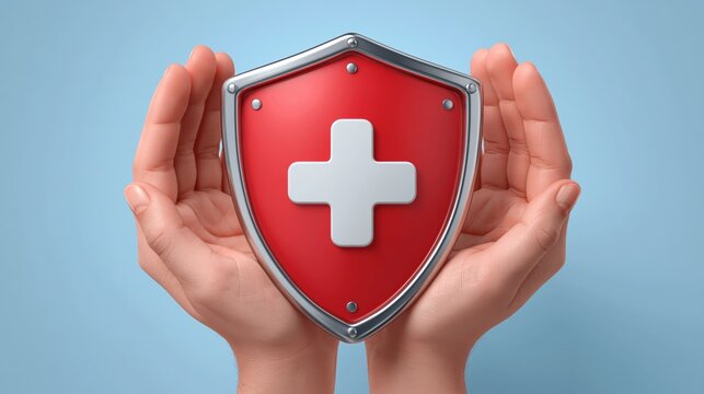 Two hands holding a red shield with a white cross against a blue background.