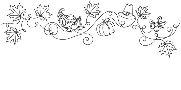 Continuous line Thanksgiving frame with cascading autumn maple leaves on the top edge