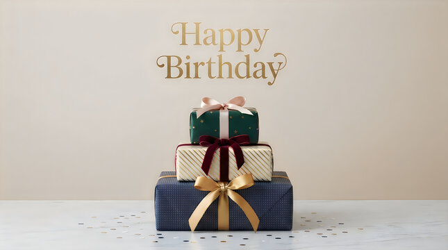 Stack of elegant birthday gift boxes with golden ribbons