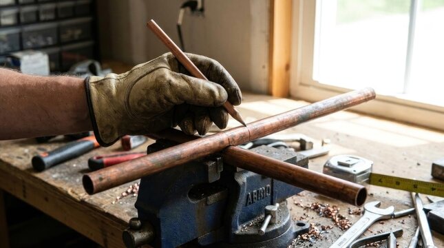 Hand marking copper pipe on workbench with pencil.