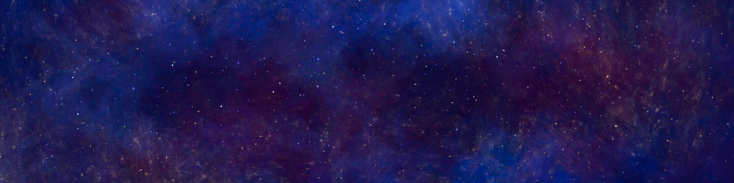 Dark blue cosmic night sky banner background with soft purple nebula clouds and glowing starry particles. Beautiful panoramic space texture perfect for fantasy designs and headers.