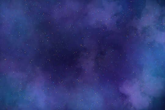 Dark blue cosmic night sky background with soft purple nebula clouds and glowing starry particles. Beautiful magical space texture perfect for fantasy designs and astrology backdrops.