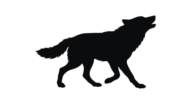 A black wolf silhouette stands in a dynamic howling pose silhouette